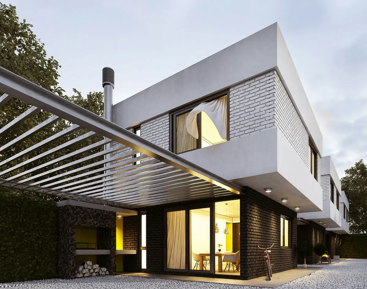 Vivienda unifamiliar moderna terminada, con pérgola de lamas